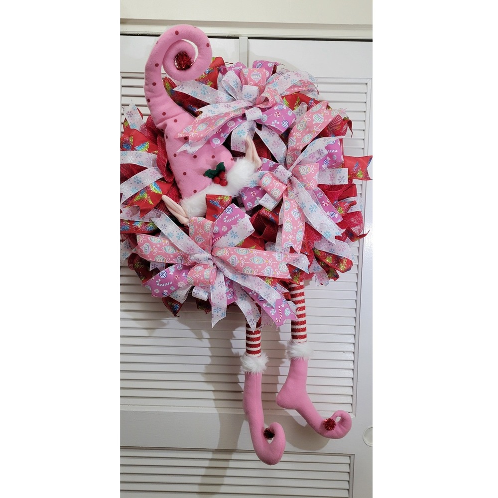 Elf Wreath Holiday Door Decor Mesh Ribbon 36 Inch Large Pink Whimsy